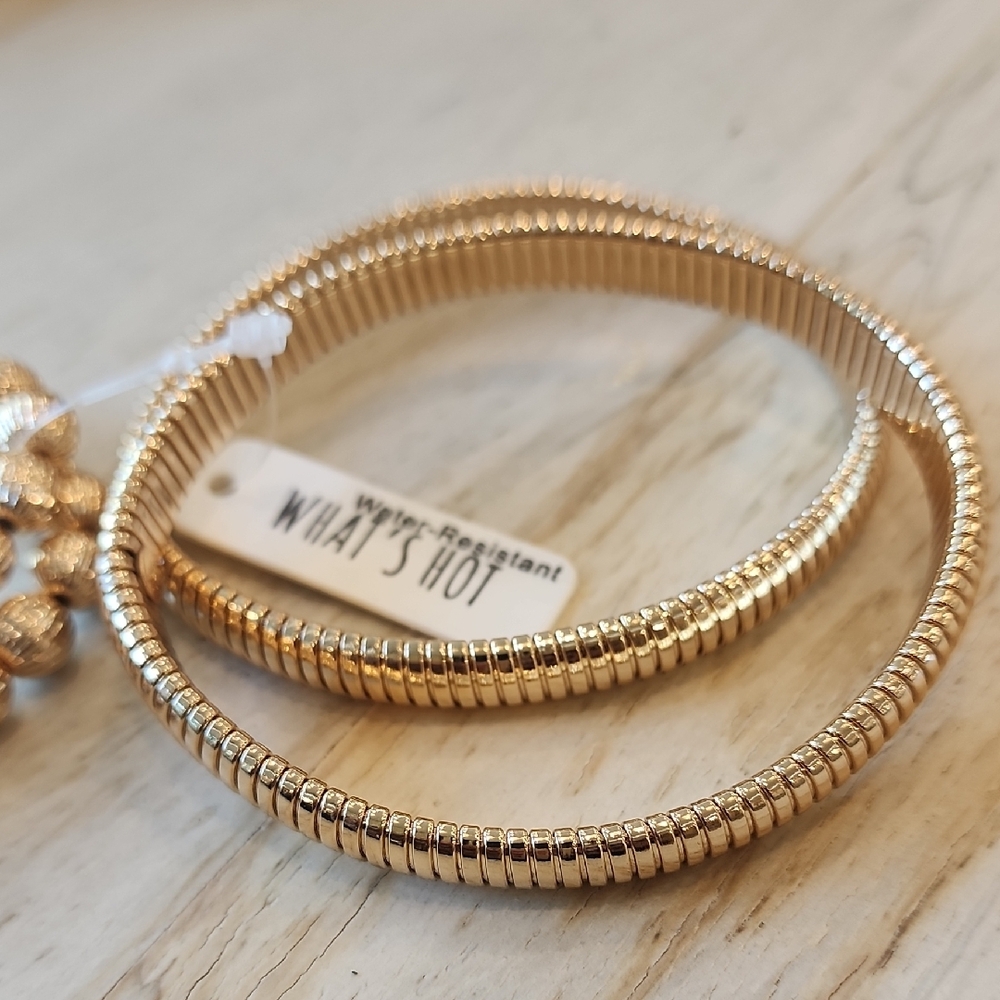 Women's Textured Beaded Gold Ribbed Stretch Water-Resistant Bracelets Set of 4 - Picture 5 of 6